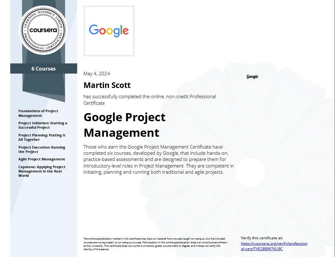 Google project management certification